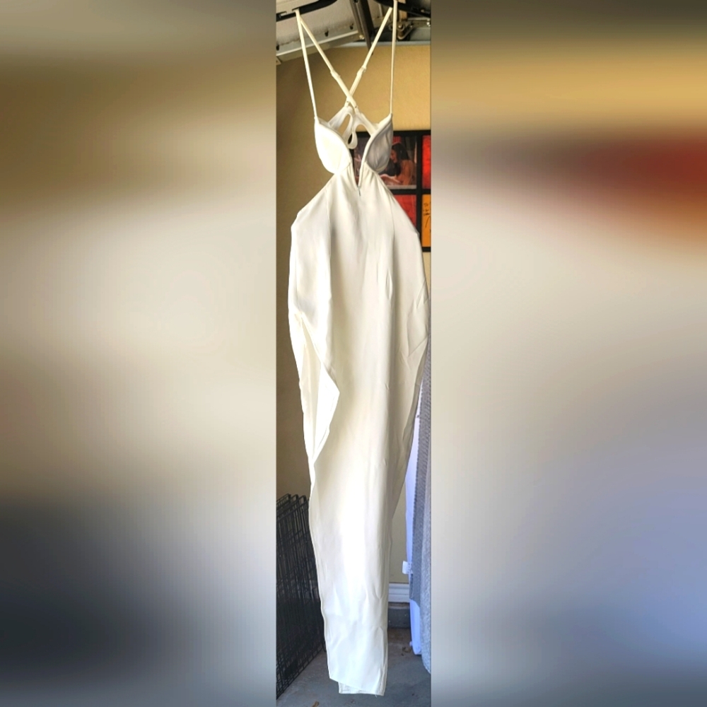 PrettyLittleThing White Long Sleeve Halter Gown W/Slit